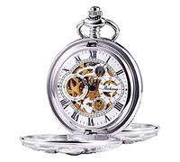TREEWETO Orologio da tasca meccanico antico fortunato drago quadrante scheletro con catena per uomini e donne + scatola, 4.silver, 4.silver