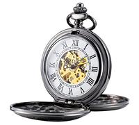TREEWETO Orologio da tasca meccanico da uomo, con numeri romani, a metà cacciatore, nero