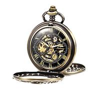 TREEWETO Orologio da tasca meccanico da uomo, con scheletro di dragone sogno, metà cacciatore, doppia apertura, argento/bronzo/nero, cassa da uomo, Cassa in bronzo con quadrante oro, Retro