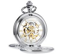 TREEWETO Orologio da tasca meccanico da uomo vintage Steampunk liscio doppio caso numeri romani orologi da polso per uomo donna con scatola a catena, Argento, Meccanico