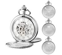 TREEWETO Orologio da tasca meccanico personalizzato con incisione, scheletro, doppia copertura con numeri romani, regalo personalizzato con scatola e catena, regalo per uomini, papà e figlio, 7