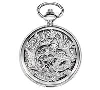 TREEWETO Orologio da tasca meccanico scheletro argento con drago fortunato + confezione regalo