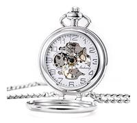 TREEWETO Orologio da tasca meccanico Steampunk, unisex, cassa argentata, quadrante scheletrato con catena + scatola