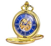 TREEWETO Orologio da tasca - Serie liscia doppia cassa scheletro quadrante blu movimento meccanico con catena, argento/oro, Oro, Classico