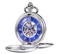 TREEWETO Orologio da tasca - Serie liscia doppia cassa scheletro quadrante blu movimento meccanico con catena, argento/oro, Argento, Classico