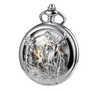 TREEWETO Orologio da tasca unisex, analogico, a carica manuale, stile retrò, con renna, scheletro romano, con catena da uomo, argento, Classico