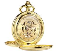TREEWETO Orologio da tasca unisex, con catena, analogico, a carica manuale, con doppia cerniera, cifre stile antico romano, dorato