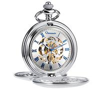 TREEWETO Orologio da tasca unisex, con catena, analogico, a carica manuale, con doppia cerniera, cifre stile antico romano, argento e blu