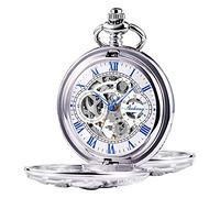 TREEWETO - Orologio da tasca unisex, con catena, analogico, caricamento a mano, doppia cerniera, scheletrato, design con drago, antico, argento