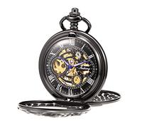 TREEWETO - Orologio da tasca unisex, con catena, analogico, caricamento a mano, doppia cerniera, scheletrato, design con drago, antico, nero