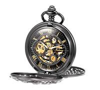 TREEWETO - Orologio da tasca unisex, con catena, analogico, caricamento a mano, doppia cerniera, scheletrato, design con drago, antico, nero