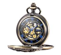 TREEWETO - Orologio da tasca unisex, con catena, analogico, caricamento a mano, doppia cerniera, scheletrato, design con drago, antico, bronzo