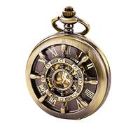 TREEWETO Orologio da tasca unisex, con catena, analogico, caricamento a mano, doppia cerniera, scheletrato, design con timone, bronzo