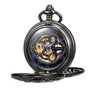 TREEWETO - Orologio da tasca unisex, con catena, analogico, caricamento a mano, doppia cerniera, scheletrato, design con drago, antico, nero