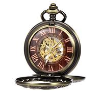 TREEWETO Orologio da tasca unisex meccanico doppia copertura renna cervo scheletro luminoso steampunk per uomo donna, bronzo, Classico