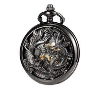 TREEWETO Orologio da tasca unisex retrò da uomo con catena analogica a carica manuale drago fenice scheletro romano nero