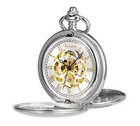 TREEWETO Orologio da taschino classico, liscio, doppia cassa, meccanico, argento, orologio steampunk, numeri romani, orologio da taschino, per uomo e donna, con catena, Argento, Classico