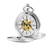 TREEWETO Orologio da taschino da uomo con doppia cassa aperta, meccanismo a carica manuale, colore argento, Movimento dorato, Classico
