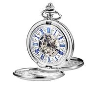 TREEWETO Orologio da taschino da uomo e donna, stile steampunk, meccanico, argento, stile retrò, con doppia cassa, Argento, Retrò