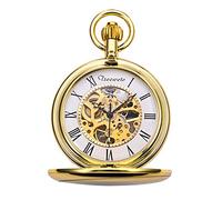 TREEWETO Orologio da taschino dorato con cassa liscia e quadrante scheletrato, movimento meccanico con catena + scatola