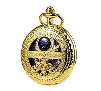 TREEWETO Orologio da taschino meccanico da uomo con numeri romani, quadrante con sole e luna, con scatola e catene, per uomo e donna, nero, bronzo, oro, argento, Oro, Meccanico