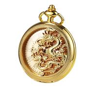 TREEWETO Orologio da taschino meccanico da uomo, con scheletro, drago cavo, con catena e scatola, Oro, Antico