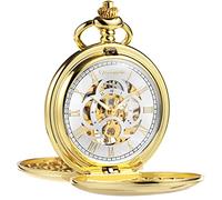 TREEWETO Orologio da taschino meccanico da uomo, vintage, steampunk, liscio, doppia cassa, numeri romani, orologi da taschino per uomo e donna, con scatola a catena, Oro bianco, Meccanico
