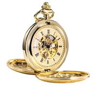 Treeweto - Orologio da taschino meccanico dorato in stile antico, con ingranaggi a vista e quadrante con numeri romani, corredato di catena per appenderlo