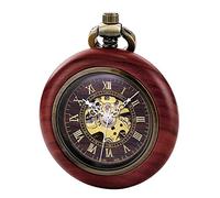 TREEWETO Orologio da taschino meccanico in legno, stile vintage, unisex, quadrante steampunk, con catena e scatola, Marrone nero, Meccanico