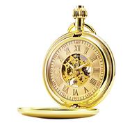 TREEWETO, orologio da taschino unisex con catena, analogico, caricamento a mano, design antico scheletrato,numeri romani, colore oro