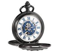 TREEWETO Orologio da taschino unisex con catena, analogico, meccanico, a carica manuale, con doppia cerniera, scheletro per uomo nero