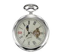 Treeweto - Orologio meccanico da tasca, con meccanismi visibili, quadrante con numeri romani in formato 24 ore, catenella, in argento, con rotazione di sole e luna, con confezione regalo