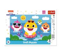 Trefl - Baby Shark, Squali Allegri - Puzzle a Cornice per Bambini, 15 Pezzi Grandi, Cornice e Tappetino Rigido, Puzzle Colorato con Personaggi Delle Fiabe Dei Baby Shark, per Bambini Dai 3 Anni In Su