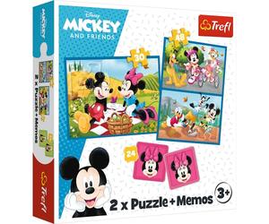 Trefl - Disney, Incontra i Personaggi Disney - 3in1: 2X Puzzle + Gioco di Memoria, 30 e 48 Pezzi, Diversi Livelli di Difficoltà, 24 Memo, Topolino, Divertimento per Bambini dai 3 Anni in su