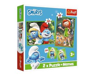 Trefl - I Puffi, Gli Allegri Puffogiochi - 3in1: 2x Puzzle + Memory Game, 30 e 48 Pezzi, Diversi Livelli di Difficoltà, 24 Memory Card, Gioco per Bambini dai 3 anni