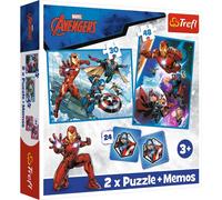 Trefl - Marvel The Avengers, Eroi in azione - 3 in 1: 2 puzzle + gioco di memoria, 30 e 48 elementi, 24 promemoria, per bambini dai 3 anni in su