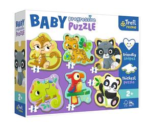 Trefl Primo - Animali Esotici, Puzzle Baby Progressive - 6 Puzzle a Forma Grande, da 2 a 6 Elementi, Il Cartone Più Spessa,Forma Puzzle Simpatica, Divertimento per Bambini dai 2 anni