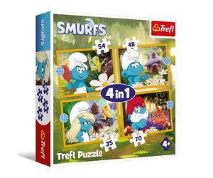 Trefl - Puffi, La vita nel villaggio dei Puffi - 4 puzzle, da 35 a 70 pezzi - Vari livelli di difficoltà, puzzle colorati con i personaggi del film, divertimento per bambini dai 4 anni in su