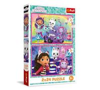 Trefl - Puzzle 2in1: Gabby's Dollhouse, Gioca con Gabby - 2 x 24 Pezzi, Coppia di Puzzle per Bambini dai 3 anni