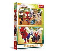 Trefl - Puzzle 2in1: Marvel, Spidey ed i suoi Fantastici Amici, Spidey e i Dinosauri - 2 x 24 Pezzi, Coppia di Puzzle per Bambini dai 3 anni