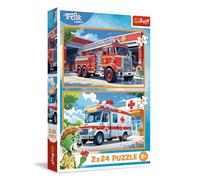 Trefl- Veicoli 2in1: The Treflik Family, Vigili del Fuoco e Ambulanza-2 x 24 Pezzi, Set di Due Puzzle per Bambini dai 3 Anni, Multicolore, 34447