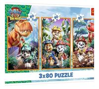 Trefl - Puzzle 3 in 1: pavone, eroi dinosauri - 3 x 80 elementi, set da 3 puzzle per bambini dai 5 anni in su