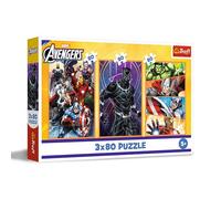 Trefl - Puzzle 3in1: Marvel The Avengers, Giornate Piene di Azione - 3 x 80 Pezzi, Confezione con Tre Puzzle per Bambini dai 5 anni