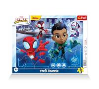 Trefl - Puzzle con cornice 25 pezzi, Salto a ragno, Spiderman, Marvel | Puzzle per i più piccoli, 25 pezzi grandi, cornice e base rigida, puzzle con personaggi delle fiabe, alta qualità