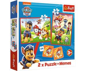Trefl - Puzzle i gra memos - La squadra dei cani in azione, Paw Patrol, 3+ | 2 puzzle + gioco Memory, 30 e 48 pezzi, diversi livelli di difficoltà, 24 tessere Memory, alta qualità, ideali come regalo