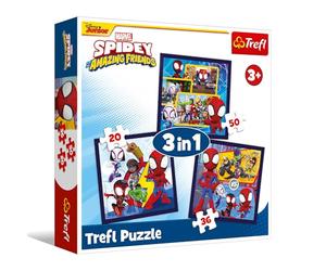 Trefl - Spidey and his Amazing Friends, Marvel, ragni e dinosauri - puzzle 3 in 1, 3 puzzle, da 20 a 50 pezzi - diversi livelli di difficoltà, intrattenimento per bambini dai 3 anni in su