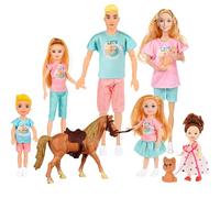 TREKFOX Il set di bambole familiari di 7 persone include mamma incinta, papà 4 bambini, un bambino piccolo nella pancia della mamma, un cucciolo e un piccolo cavallo, set di bambole e accessori per
