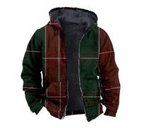 Trekking Uomo - Giacca in Pile Stampata Scozzese Natalizia da Uomo Giacca in Pile con Cappuccio e Doppia Tasca con Cerniera, Calda, Casual, a Maniche Lunghe (Red, XL)