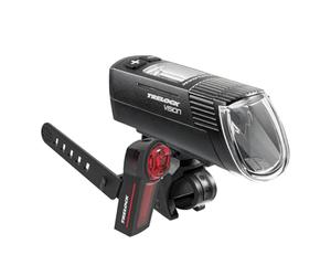 TRELOCK Set di luci per bicicletta, LS 760 I-GO VISION 100 LUX e LS740 VECT fanale posteriore con funzione luce freno, ricarica USB, nero