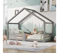 Trelomix Lettino per bambini con canna fumaria, protezione dalle cadute, robusta rete a doghe in legno di pino per bambini, 90 x 200 cm, senza materasso, grigio